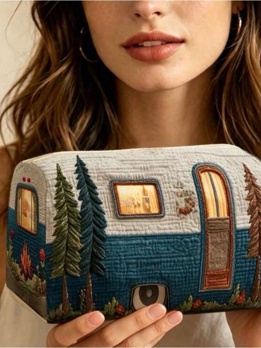Quilted Camper Cosmetic Case - Blue and Cream